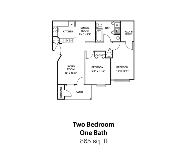 Elegant 2D floor plan of a two-bedroom, one-bath apartment with a spacious living room, dining area, and private patio, covering 865 sq ft.