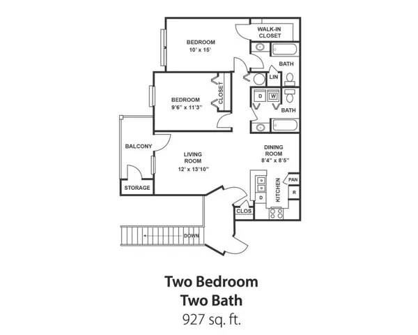 Modern 2-bedroom, 2-bathroom floor plan with open-concept living and dining area, featuring a cozy balcony and convenient walk-in closet, spanning 927 sq. ft.