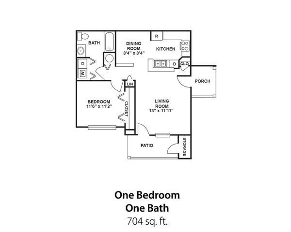 Modern one-bedroom, one-bath floor plan with open-concept living room, cozy dining area, efficient kitchen, and private patio, totaling 704 sq. ft.