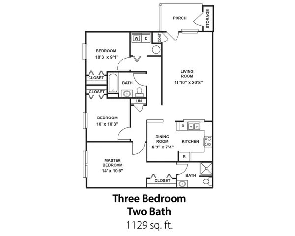 Modern floor plan showcasing 1129 sq ft with three bedrooms, two bathrooms, a cozy living room, and a stylish kitchen. Includes a dining area, porch, and ample storage.