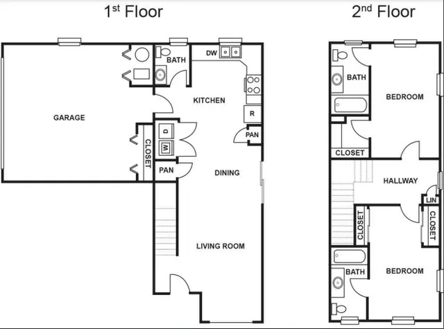 Inviting 2-story floor plan showcasing a modern kitchen, spacious living room, and two cozy bedrooms, featuring convenient bathrooms and ample closet space.