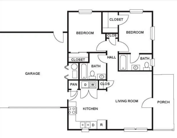 Elegant floor plan featuring 2 bedrooms, spacious living room, modern kitchen, and attached garage with a welcoming porch.