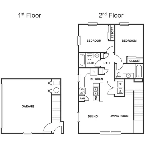 Modern 2-story floor plan featuring 2 bedrooms, expansive living and dining area, sleek kitchen, and a convenient garage.