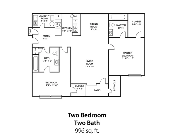 Chic floor plan showcasing two bedrooms and two baths, complete with a modern kitchen, spacious living room, and cozy patio within 996 sq. ft.