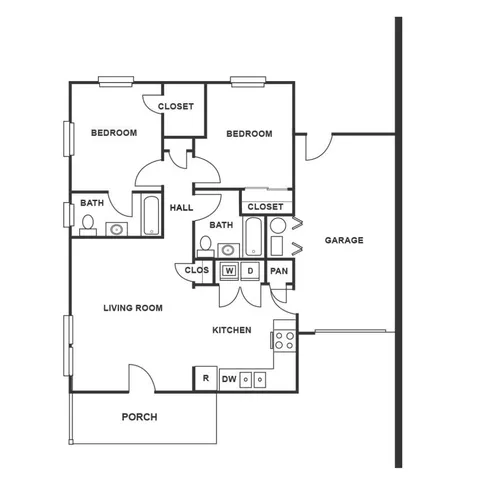 Modern floor plan showcasing 2 bedrooms with closets, dual bathrooms, a spacious living room, and a functional kitchen, including laundry and pantry areas, plus an attached garage and a welcoming porch.