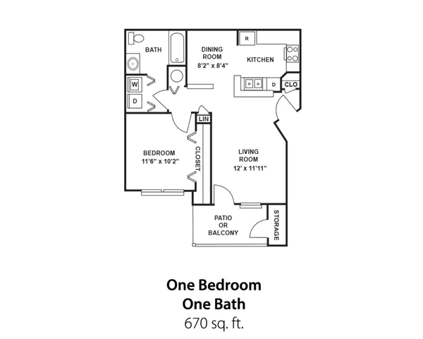 Inviting 1-bedroom apartment floor plan with spacious living room, open kitchen, and private patio, 670 sq ft.