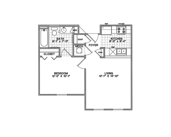 Efficiently designed 1-bedroom apartment floor plan featuring an inviting living area, well-equipped kitchen, spacious bath, and convenient closet space.