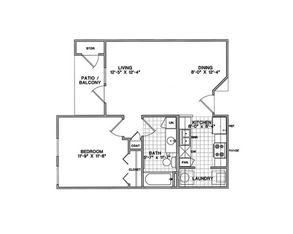 Modern floor plan showcasing 1 bedroom, inviting living room with patio access, combined dining and kitchen area, and convenient laundry space.