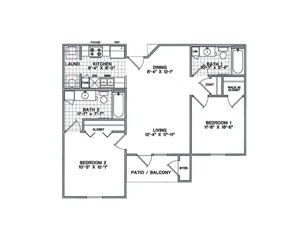 Elegant apartment floor plan featuring 2 spacious bedrooms, open living area, modern kitchen, and cozy patio for a perfect blend of comfort and style.