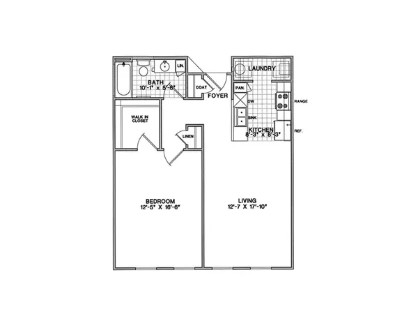 Contemporary floor plan showcasing a spacious 1-bedroom with walk-in closet, modern kitchen, cozy living area, and convenient laundry facilities.