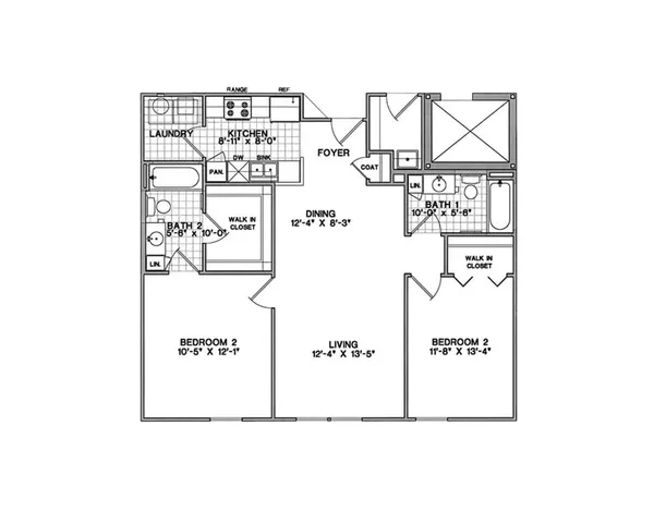 Inviting floor plan featuring two bedrooms, a spacious living room, and a modern kitchen. Includes two elegant bathrooms and a convenient laundry area, perfect for comfortable urban living.