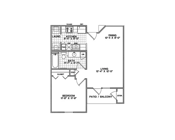Modern floor plan showcasing 1 bedroom, a spacious living area, cozy dining room, and a functional kitchen with adjacent laundry room, plus a delightful patio balcony.