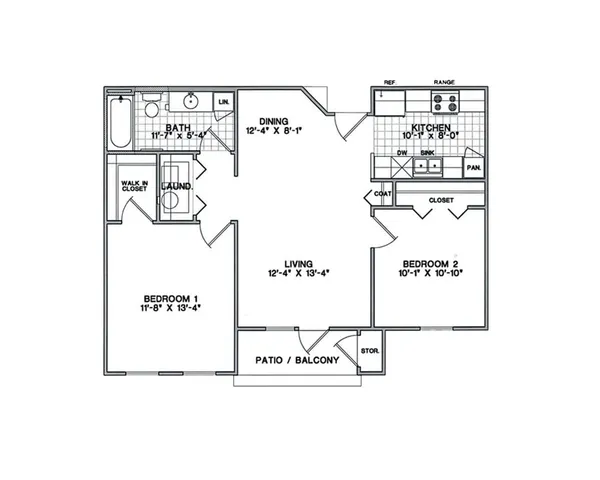 Charming 2-bedroom floor plan featuring an open living and dining area, modern kitchen, and a cozy patio/balcony.