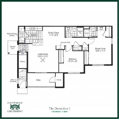 Gateway Crossing floor plan of The Devonshire I featuring 2 bedrooms, a master suite, living room, patio, and modern kitchen with dining area.