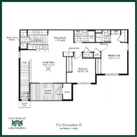 Elegant floor plan of The Devonshire II featuring 2 bedrooms, 1 cozy bath, spacious living room, dining area, and covered balcony at Gateway Crossing.