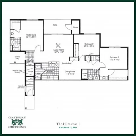 Gateway Crossing floor plan named The Huntsman I, showcasing 3 bedrooms, a spacious living room, and a private patio.