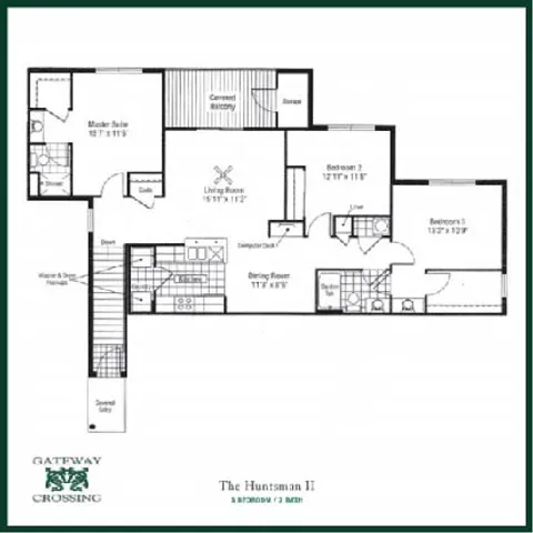 The Huntsman II floor plan at Gateway Crossing, showcasing 3 bedrooms, 2 baths, a spacious living room, and modern kitchen design.