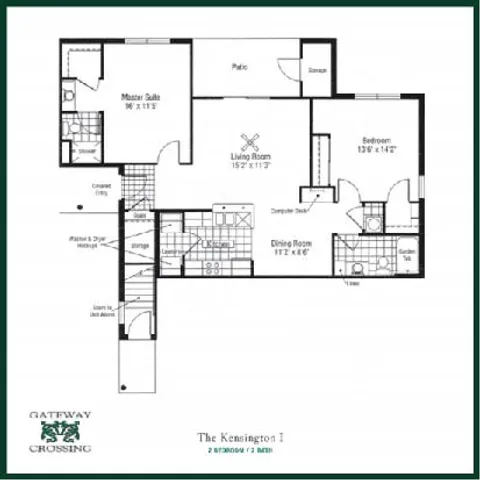 Gateway Crossing floor plan for The Kensington I showcasing 2 bedrooms, 3 baths, spacious living and dining areas with patio access.