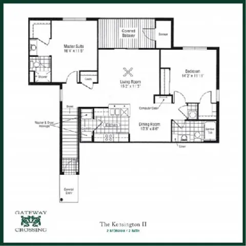 Gateway Crossing floor plan of \'The Kensington II\' showcasing 2 bedrooms, 2 baths, elegant living room, and a covered balcony.