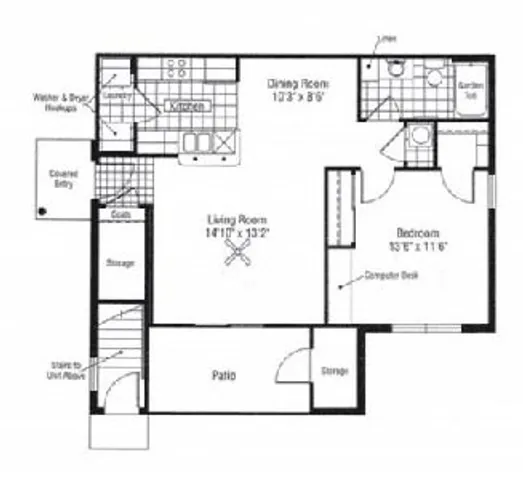 Inviting floor plan showcasing a cozy 1-bedroom apartment with a dining area, compact kitchen, and spacious patio.