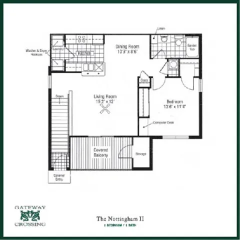 The Nottingham II floor plan with 1 bedroom, 1 bath, featuring an open living and dining area, modern kitchen, and spacious covered balcony.