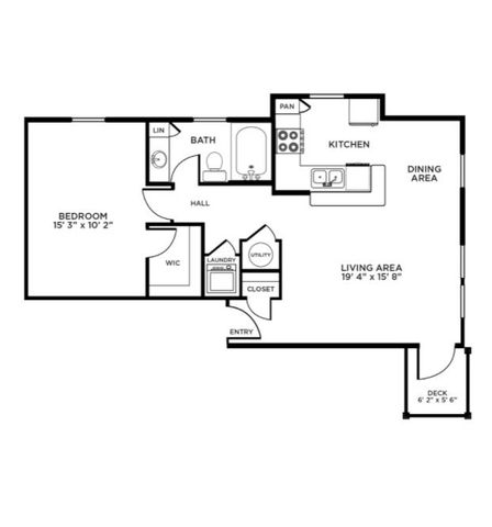Contemporary floor plan showcasing a spacious layout with one bedroom, a modern kitchen, inviting living area, dining space, laundry room, and a cozy deck.