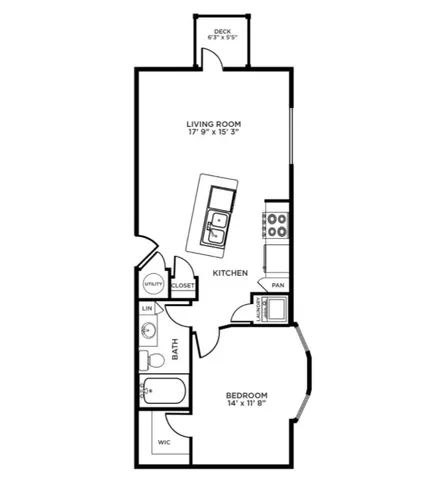 Modern 1-bedroom apartment floor plan featuring an open-concept kitchen and living room, with a deck, utility closet, and spacious bathroom.