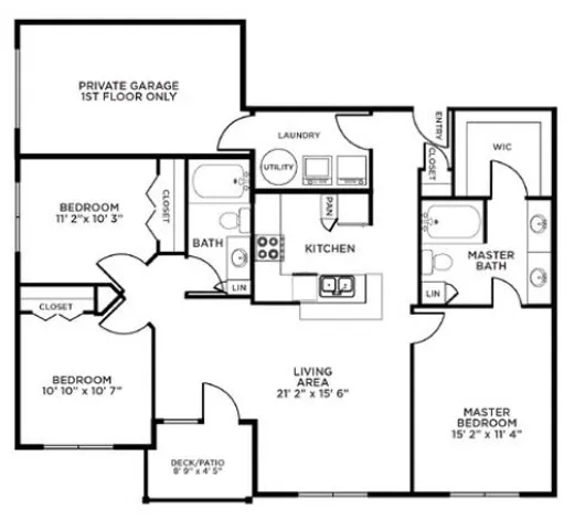 Inviting floor plan showcasing 3 bedrooms, spacious living area, modern kitchen, and private garage access, perfect for contemporary living.