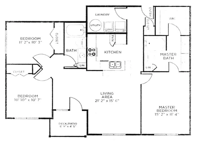 Expansive 3-bedroom apartment floor plan featuring an open living area, modern kitchen, and private deck/patio.