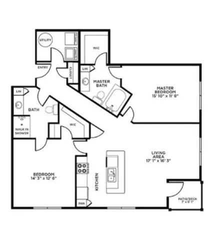 Modern floor plan featuring 2 spacious bedrooms, a master bath, open kitchen, and bright living area with patio access.