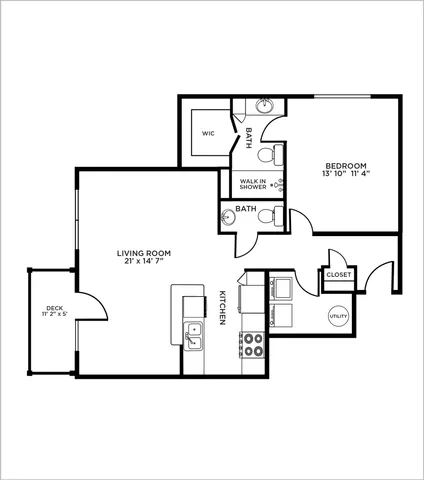 Modern floor plan featuring 1 spacious bedroom, open living kitchen area, balcony, walk-in shower, and utility space for convenient living.
