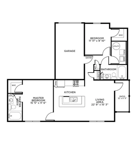 Modern floor plan showcasing 2 bedrooms, spacious living area, garage, and sleek kitchen layout.