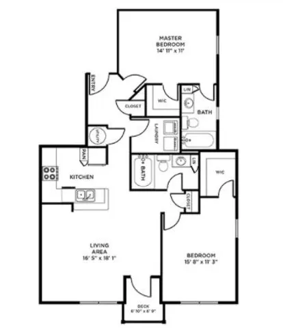 Inviting floor plan showcasing a spacious master bedroom, two additional bedrooms, open living area with kitchen, and two full baths.