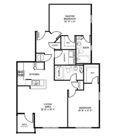 Contemporary floor plan featuring a master bedroom with en-suite bathroom, additional bedroom, spacious living area, modern kitchen, and cozy deck.