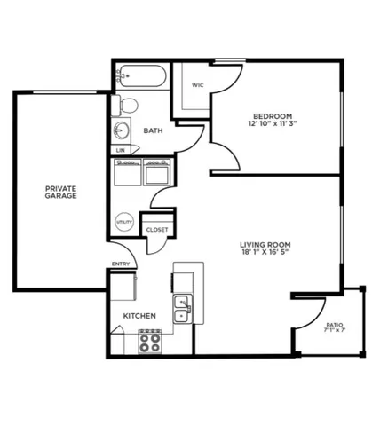 Modern floor plan featuring a spacious bedroom, open living room, gourmet kitchen, and private garage access.