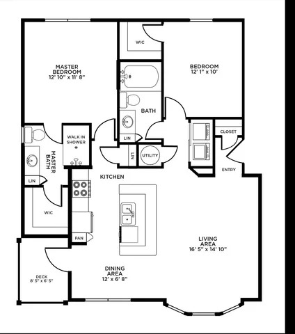 Modern floor plan featuring 2 spacious bedrooms, elegant master suite with a walk-in shower, expansive living area, stylish kitchen with island, and dining space opening to a cozy deck.