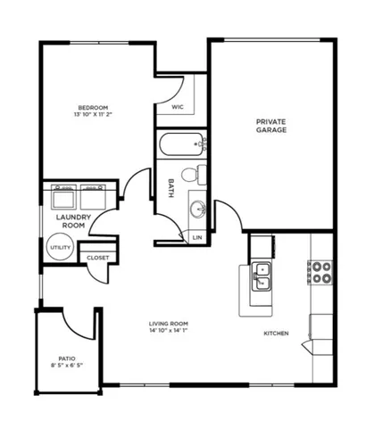 Chic floor plan featuring a spacious bedroom, modern kitchen, open living area, private garage, and convenient laundry room with patio access.