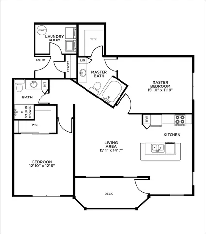 Inviting floor plan featuring a spacious 2-bedroom layout with a modern kitchen, cozy living area, and expansive deck, ideal for seamless entertaining.