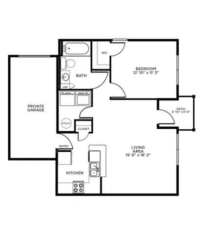 Chic 1-bedroom floor plan featuring an open-concept living area, modern kitchen, private garage, and cozy patio.