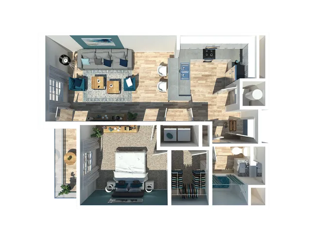 Chic floor plan showcasing a cozy living room, modern kitchen, elegant bedroom, and stylish bathroom, perfect for contemporary living.