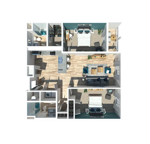Modern 3D floor plan showcasing a 2-bedroom, 2-bathroom layout with an open-concept living area, contemporary kitchen, and stylish design elements.