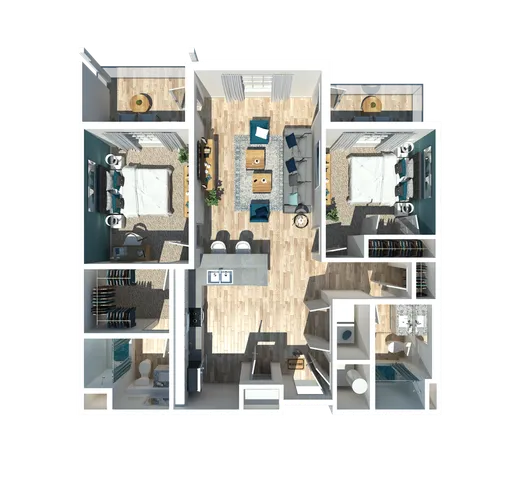 Elegant 3D floor plan showcasing two bedrooms, an inviting open living space, modern kitchen with island, and two private balconies perfect for relaxation.