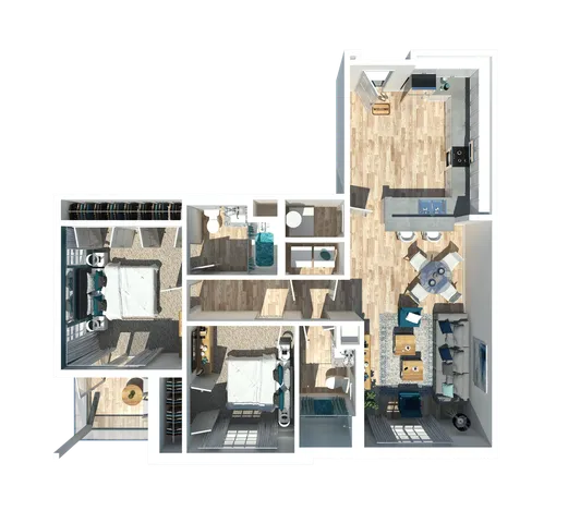 Contemporary 3D floor plan featuring 1 bedroom with a den, elegant open-concept living area, and modern kitchen with breakfast bar.