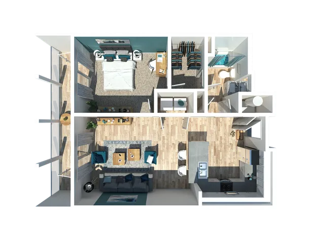 Modern 3D floor plan showcasing a spacious open-concept living area, stylish kitchen, cozy bedroom, and chic bathroom ensemble.