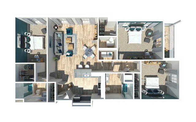 Stylish 3D floor plan showcasing three spacious bedrooms, modern open-concept living area, and a sleek kitchen with island seating.
