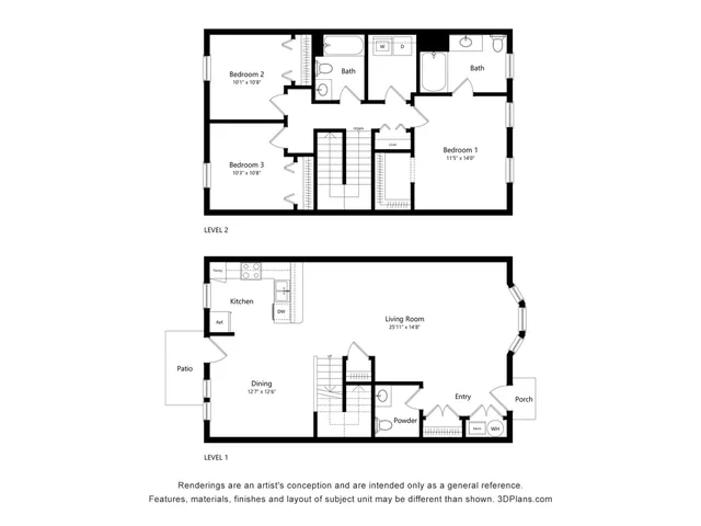 Spacious 3-bedroom floor plan featuring an open-concept living area, stylish kitchen, and cozy patio over two levels.