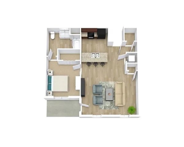 Modern 3D floor plan showcasing a sleek 1-bedroom apartment with a spacious open-plan living room, contemporary kitchen with a breakfast bar, and elegant bathroom.