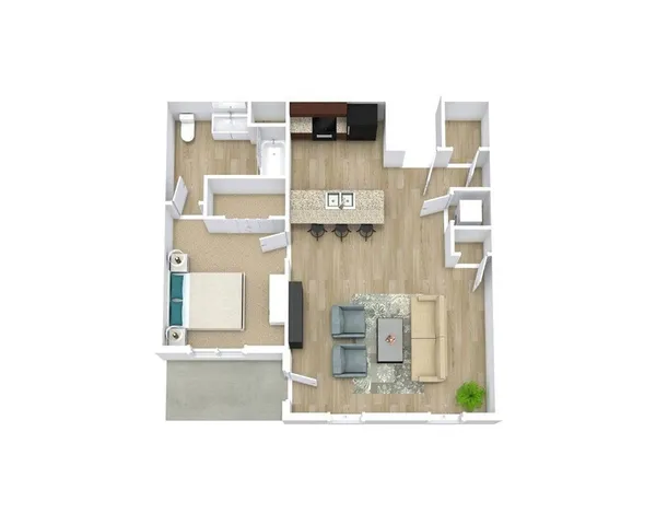 Modern 3D floor plan showcasing a cozy 1-bedroom apartment with an open-concept living area, stylish kitchen island, and sleek bathroom design.