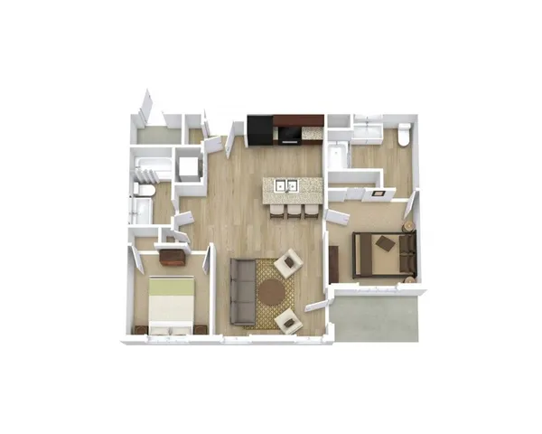 Modern 3D apartment floor plan showcasing 2 cozy bedrooms, open-concept kitchen with island, inviting living area, and two sleek bathrooms.