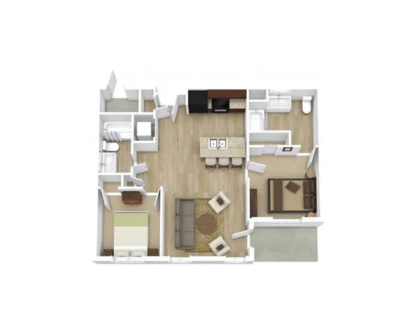 Charming 3D floor plan showcasing modern 2-bedroom layout with open kitchen and cozy living space.